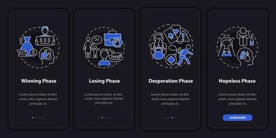 Gambling addiction steps night mode onboarding mobile app screen. Walkthrough 4 steps graphic instructions pages with linear concepts. UI, UX, GUI template. vector