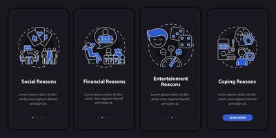 Reasons to gamble night mode onboarding mobile app screen. Compulsive walkthrough 4 steps graphic instructions pages with linear concepts. UI, UX, GUI template.