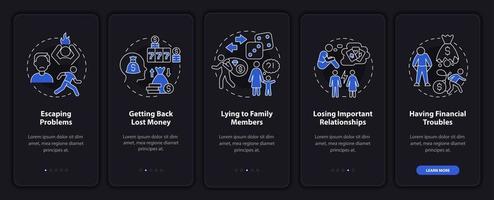 Symptoms of compulsive gambling night mode onboarding mobile app screen. Walkthrough 5 steps graphic instructions pages with linear concepts. UI, UX, GUI template. vector