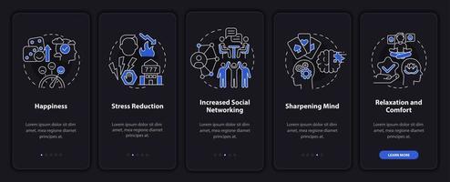 características positivas de juego modo nocturno incorporando la pantalla de la aplicación móvil. tutorial de hobby 5 pasos páginas de instrucciones gráficas con conceptos lineales. interfaz de usuario, ux, plantilla de interfaz gráfica de usuario. vector