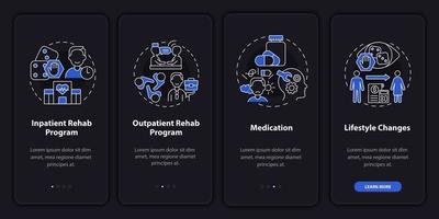 Gambling addiction treatment night mode onboarding mobile app screen. Walkthrough 4 steps graphic instructions pages with linear concepts. UI, UX, GUI template. vector