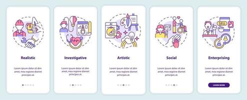 tipos de entornos de trabajo que incorporan la pantalla de la aplicación móvil. recorrido artístico y social páginas de instrucciones gráficas de 5 pasos con conceptos lineales. interfaz de usuario, ux, plantilla de interfaz gráfica de usuario. vector