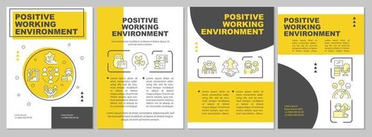 Good working environment yellow brochure template. Employee happiness. Leaflet design with linear icons. 4 vector layouts for presentation, annual reports.