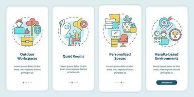 Building inspiring work environment onboarding mobile app screen. Walkthrough 4 steps graphic instructions pages with linear concepts. UI, UX, GUI template. vector