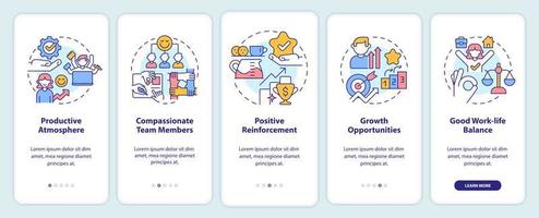 Positive work environment characteristics onboarding mobile app screen. Walkthrough 5 steps graphic instructions pages with linear concepts. UI, UX, GUI template.