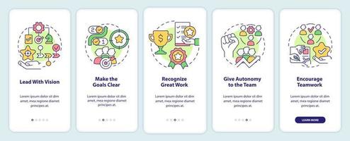 Improving employee motivation onboarding mobile app screen. Clear goals walkthrough 5 steps graphic instructions pages with linear concepts. UI, UX, GUI template.