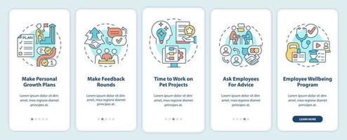 Employee engagement activities onboarding mobile app screen. Growth plans walkthrough 5 steps graphic instructions pages with linear concepts. UI, UX, GUI template. vector