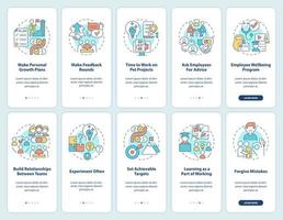 Employee commitment onboarding mobile app screen set. Achievable targets walkthrough 5 steps graphic instructions pages with linear concepts. UI, UX, GUI template. vector