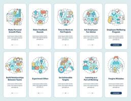 compromiso de los empleados incorporando el conjunto de pantalla de la aplicación móvil. tutorial de objetivos alcanzables páginas de instrucciones gráficas de 5 pasos con conceptos lineales. interfaz de usuario, ux, plantilla de interfaz gráfica de usuario. vector