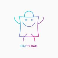 concepto de logotipo de bolsa feliz. bolsa y sonrisa de icono. logotipo de línea. degradado. azul, morado, rosa y amarillo. logotipo, icono, símbolo y signo. para el logotipo de la tienda en línea vector