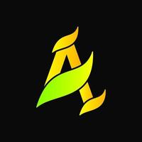 concepto de logotipo de letra a y hoja. amarillo y negro logotipo, icono, símbolo y signo. como el logotipo inicial y de la naturaleza vector