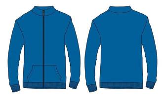 chaqueta de manga larga moda técnica boceto plano ilustración vectorial plantilla de color azul vistas frontal y posterior. bomber jacket mock up cad edición fácil y personalizable.
