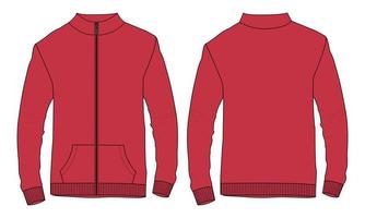 chaqueta de manga larga moda técnica boceto plano ilustración vectorial plantilla de color rojo vistas frontal y posterior. bomber jacket mock up cad edición fácil y personalizable. vector