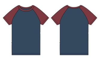 dos tonos rojo y azul marino manga corta raglán camiseta moda técnica dibujo plano vector ilustración plantilla frente, vistas traseras aisladas sobre fondo blanco.