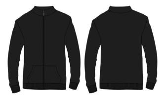 chaqueta de manga larga moda técnica boceto plano ilustración vectorial plantilla de color negro vistas frontal y posterior. bomber jacket mock up cad edición fácil y personalizable. vector