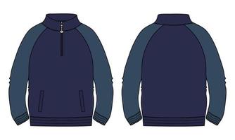 Two tone navy blue Color Long sleeve jacket with pocket and zipper technical fashion flat sketch vector illustration template front, back views. Fleece jersey sweatshirt jacket for men's and boys