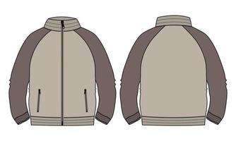 Two tone Khaki Color Long sleeve jacket with pocket and zipper technical fashion flat sketch vector illustration template front, back views. Fleece jersey sweatshirt jacket for men's and boys