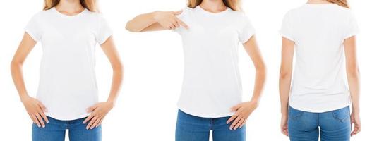 set collage young woman in t-shirt isolated on white background, girl tshirt photo