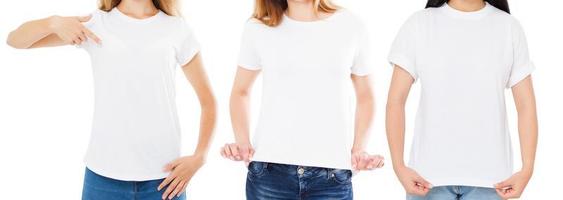 vistas frontales tres mujeres en camiseta aisladas en blanco, mujer en camiseta, en blanco, espacio de copia, foto