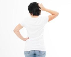 Middle age woman in white t-shirt isolated - back view, t shirt mock up. photo