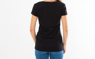 back rear view woman in black tshirt isolated, girl in t-shirt mock up, black T shirt. Midsection female tshirt on white background, girl in t-shirt mock up isolated photo