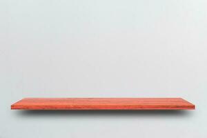 Front view empty wooden shelf and grey wall. Design concept photo