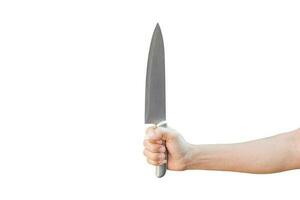 hand holding stainless knife isolated on white background with clipping path. photo