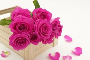 Hermoso ramo de rosas rosas en una caja de regalo aislado sobre fondo blanco. foto