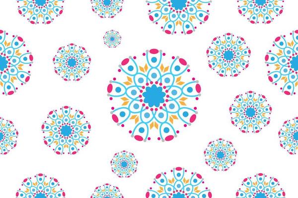 Colorful Abstract floral background design template. Beautiful seamless geometric virus flowers pattern. Stylish graphic design. Tileable vintage ornament. Blue, cyan, magenta, beige, white