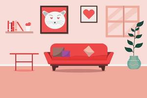 Furniture sofa, bookcase, picture. Living room interior. Flat style vector illustration