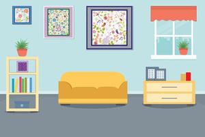 Furniture sofa, bookcase, picture. Living room interior. Flat style vector illustration