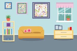 mueble sofá, estantería, cuadro. interior de la sala de estar. ilustración vectorial de estilo plano vector