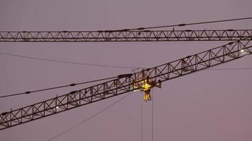 torenkranen die op een bouwplaats werken, tillen een lading op in hoogbouw in de schemering. een grote bouwplaats met drukke kranen. video