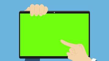la vista frontale dell'uomo d'affari di animazione è lo schermo del computer touch con la punta del dito, in stile piatto video