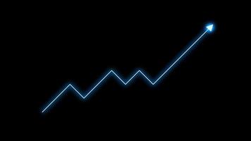 animación del gráfico con tendencia ascendente, flecha blanca apuntando hacia arriba en el gráfico con efecto de luz azul sobre fondo negro