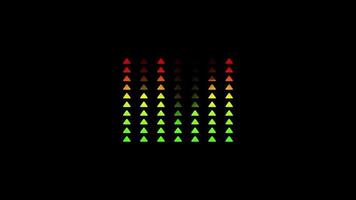 Animation of sound equalizer with bar graph triangle shape of audio wave with color changing from green to red on black background