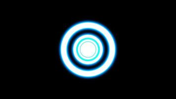 neón de línea de círculo azul abstracto con fondo negro, vista frontal del túnel, rayos ultravioleta, líneas brillantes, realidad virtual, velocidad de la luz, cuerdas de espacio y tiempo, luces nocturnas de carretera. video