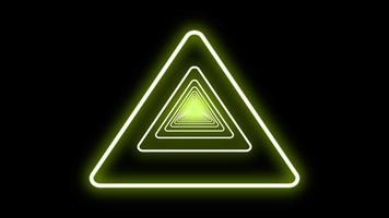 Abstract colorful triangle line neon with black background, front view of tunnel, ultra violet rays, glowing lines, virtual reality, speed of light, space and time strings, highway night lights. video