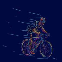 A man riding bike line pop art potrait logo colorful design with dark background. Isolated black background for t-shirt, poster, clothing, merch, apparel, badge design