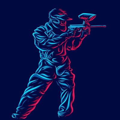 Army soldier play paintball line pop art potrait logo colorful design with dark background. Abstract vector illustration.
