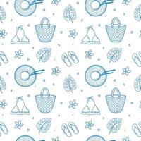 Seamless pattern with summer holiday elements - beach straw bag and hat, flip flops, womens swimsuit, tropical monstera leaves and flowers. Vector hand-drawn background in doodle style in blue colors.