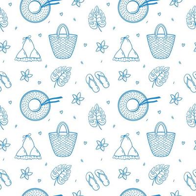 Seamless pattern with summer holiday elements - beach straw bag and hat, flip flops, womens swimsuit, tropical monstera leaves and flowers. Vector hand-drawn background in doodle style in blue colors.