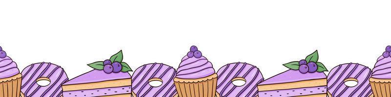 Seamless horizontal border with glazed donuts, blueberry cupcakes and cakes with berries. Vector hand-drawn illustration of footer with desserts in color doodle style. Perfect for menu, decorations.