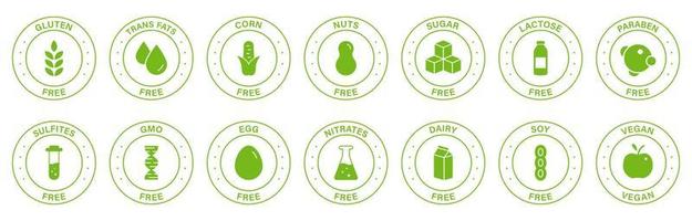 Free Allergy Ingredient Silhouette Green Stamp Set. Label. No Soy, Transfat, Nut, Gluten, Corn, Dairy, Sugar, Paraben, Nitrates Outline Logo. Vegan Food Icon. Isolated Vector Illustration.