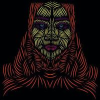 mujer árabe islámica musulmana línea pop art potrait logo diseño colorido con fondo oscuro. fondo negro aislado para camiseta vector