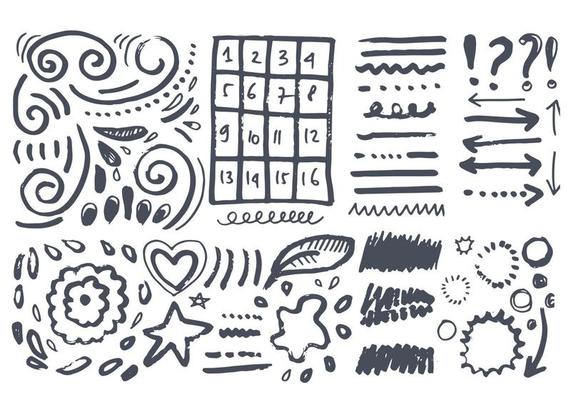 Doodle vector lines and curves.Hand drawn check and arrows signs. Set of simple doodle lines, curves, frames and spots. Collection of pencil effects. Doodle border. Simple doodle set.