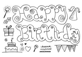 set of hand drawn doodle cartoon objects and symbols on the birthday party. vector