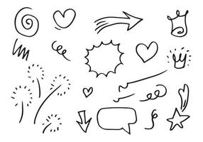 hand drawn set element,black on white background.arrow,star,speech bubble,heart,light,king,emphasis,swirl,for concept design. vector