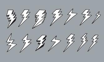 set of hand drawn vector doodle electric lightning bolt symbol sketch illustrations. thunder symbol doodle icon.