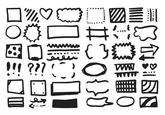 Doodle vector lines and curves.Hand drawn check and arrows signs. Set of simple doodle lines, curves, frames and spots. Collection of pencil effects. Doodle border. Simple doodle set.